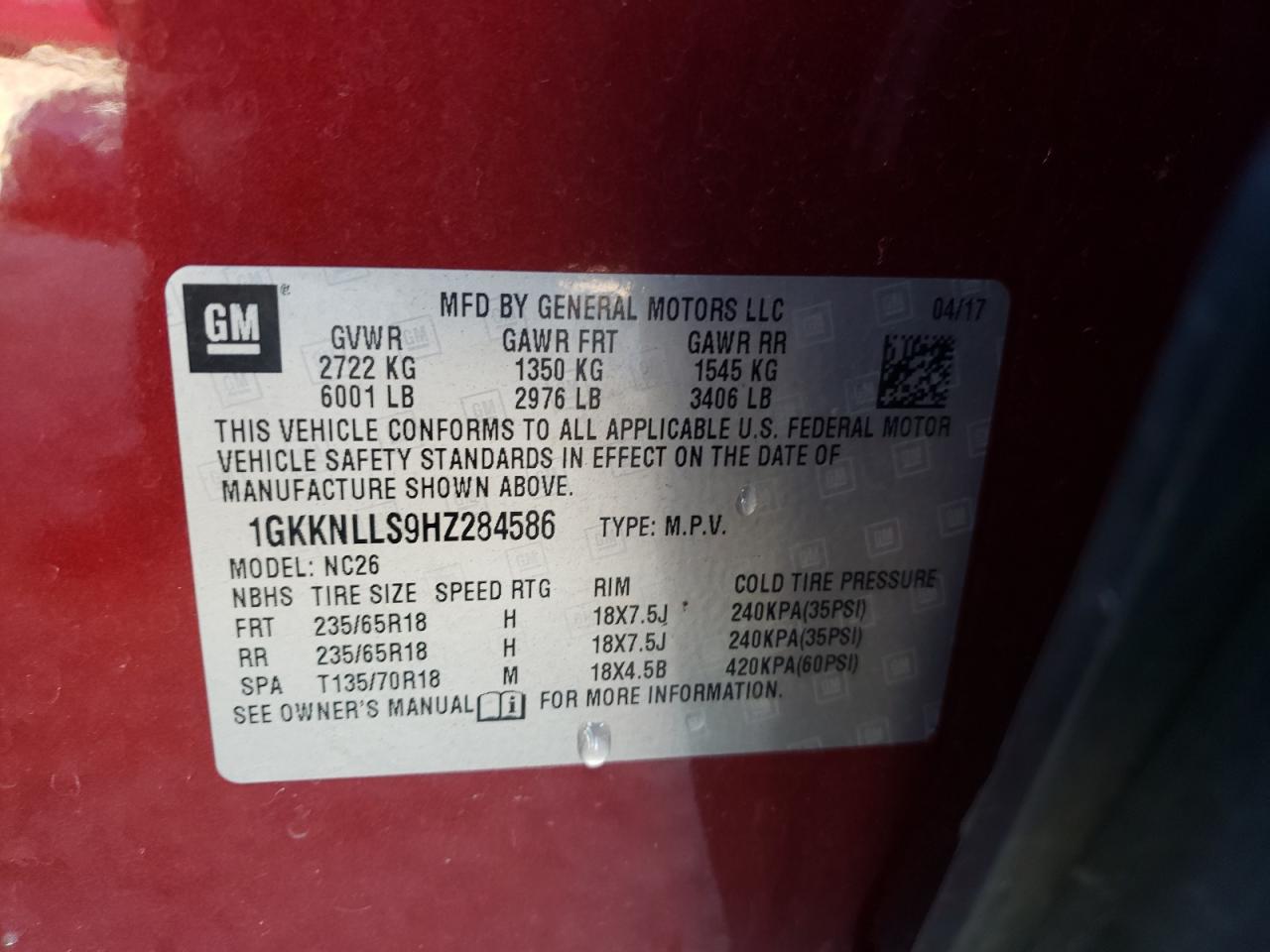 2017 GMC Acadia Sle VIN: 1GKKNLLS9HZ284586 Lot: 81980565