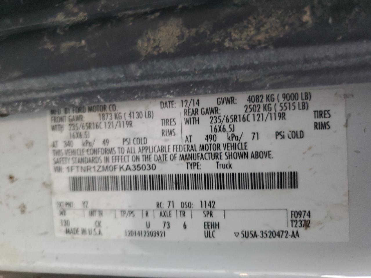 2015 Ford Transit Cargo Van T- VIN: 1FTNR1ZM0FKA35030 Lot: 82493025