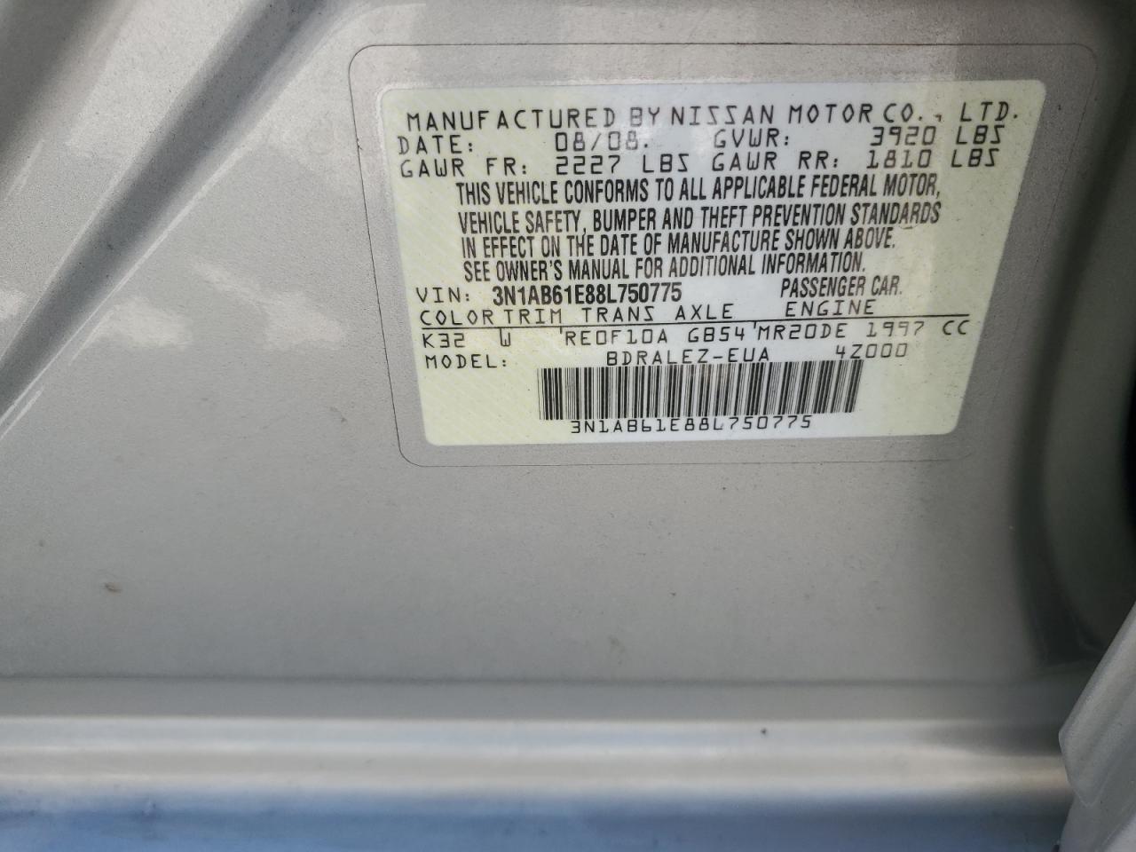 2008 Nissan Sentra 2.0 VIN: 3N1AB61E88L750775 Lot: 82363575