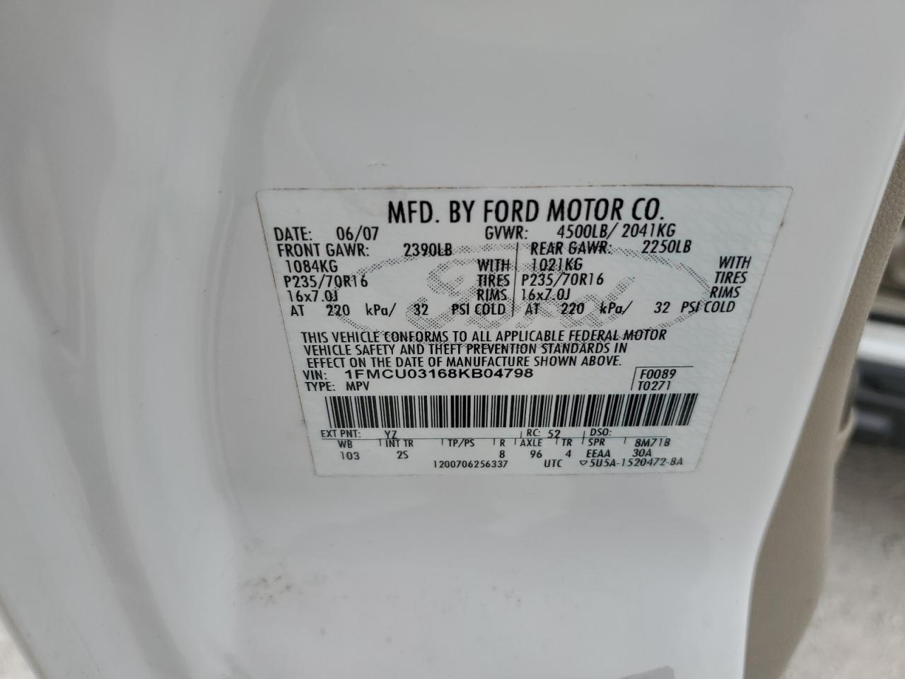 2008 Ford Escape Xlt VIN: 1FMCU03168KB04798 Lot: 86455455