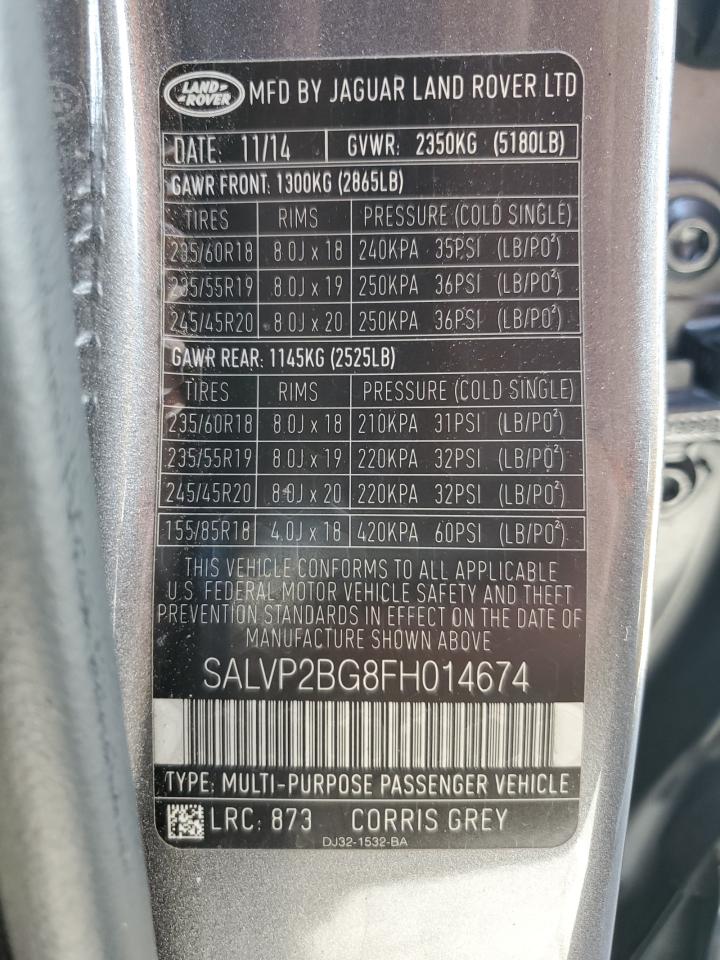 2015 Land Rover Range Rover Evoque Pure Plus VIN: SALVP2BG8FH014674 Lot: 85905305