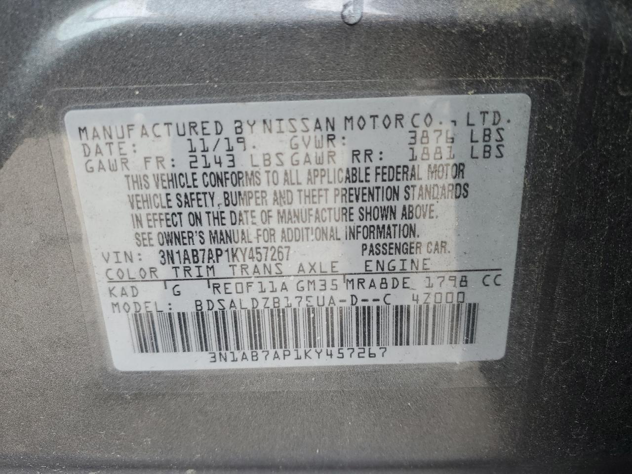 2019 Nissan Sentra S VIN: 3N1AB7AP1KY457267 Lot: 86061295