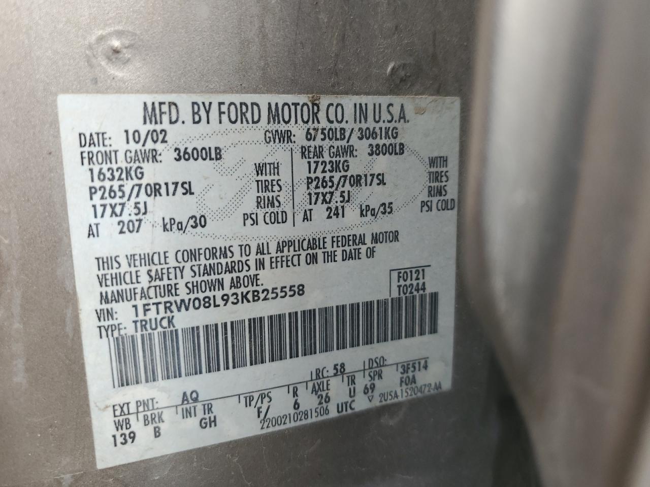 2003 Ford F150 Supercrew VIN: 1FTRW08L93KB25558 Lot: 81910345