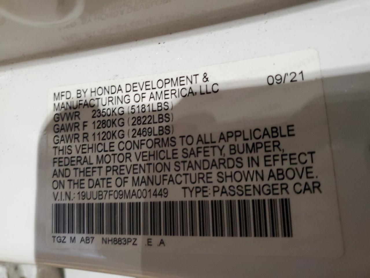 2021 Acura Tlx Type S VIN: 19UUB7F09MA001449 Lot: 86847595