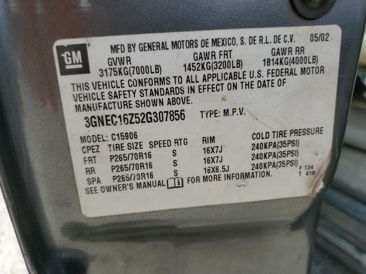 2002 Chevrolet Suburban C1500 VIN: 3GNEC16Z52G307856 Lot: 81995365