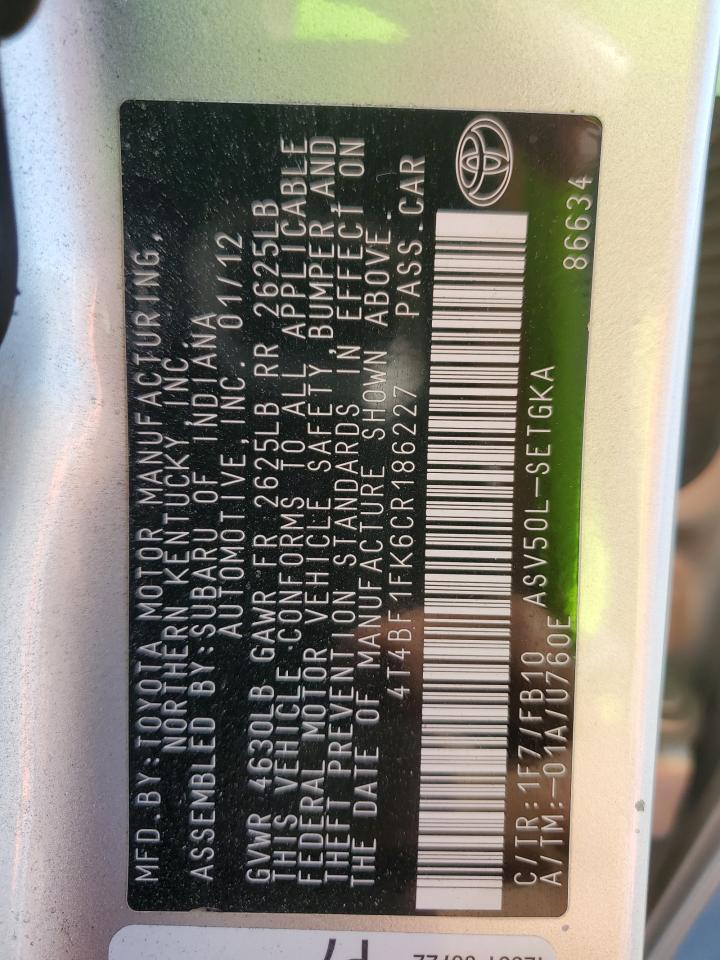 2012 Toyota Camry Base VIN: 4T4BF1FK6CR186227 Lot: 82273155