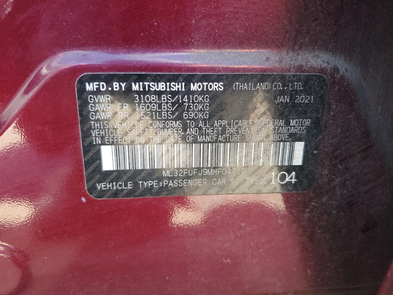 2021 Mitsubishi Mirage G4 Es VIN: ML32FUFJ9MHF04719 Lot: 86685015