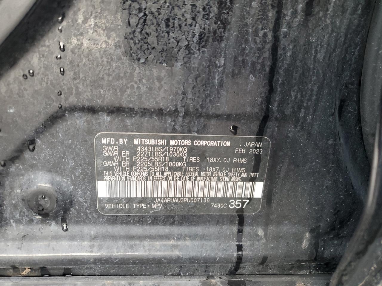 2023 Mitsubishi Outlander Sport S/Se VIN: JA4ARUAU3PU007136 Lot: 82664305