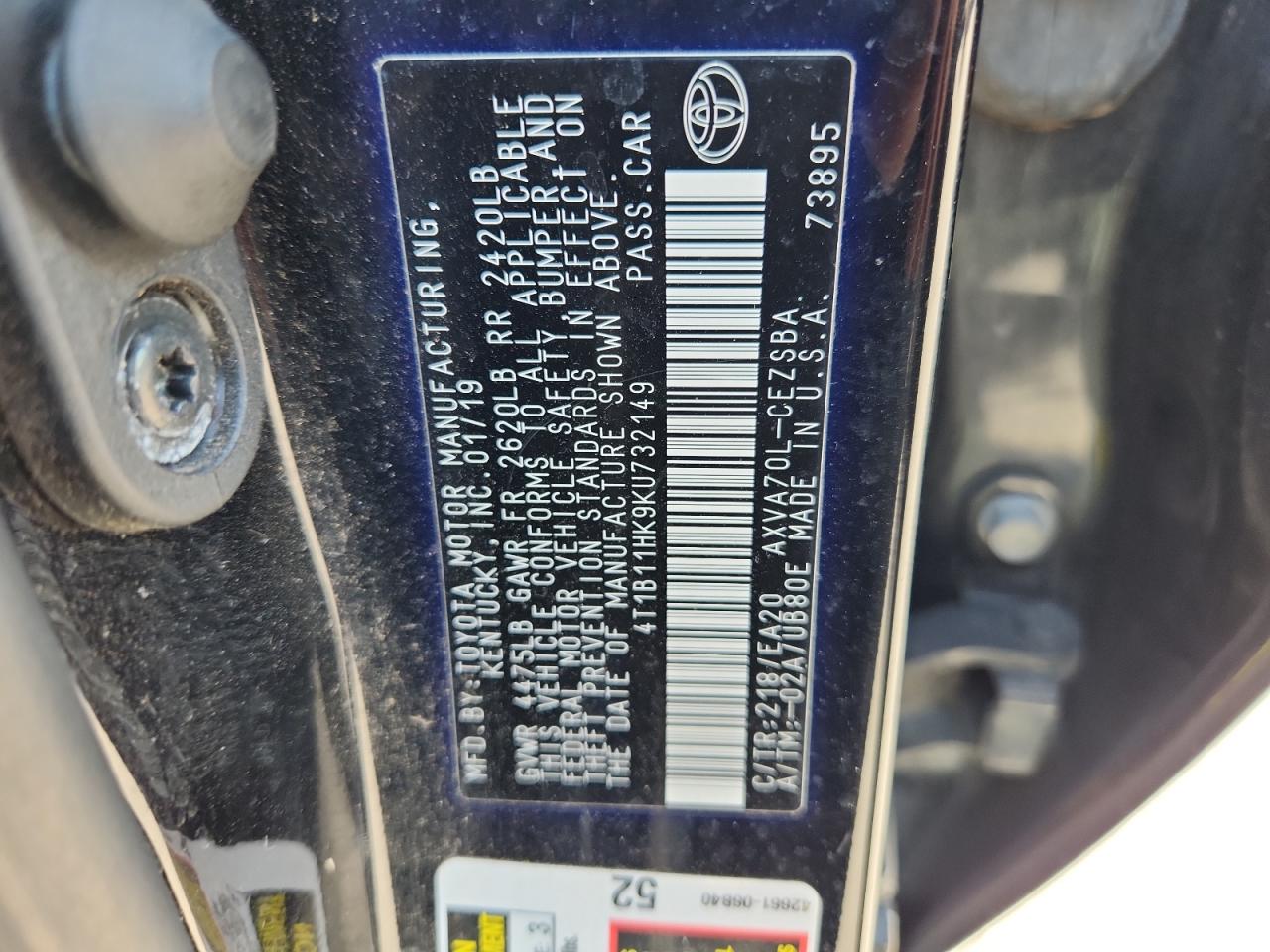 2019 Toyota Camry L VIN: 4T1B11HK9KU732149 Lot: 85201445