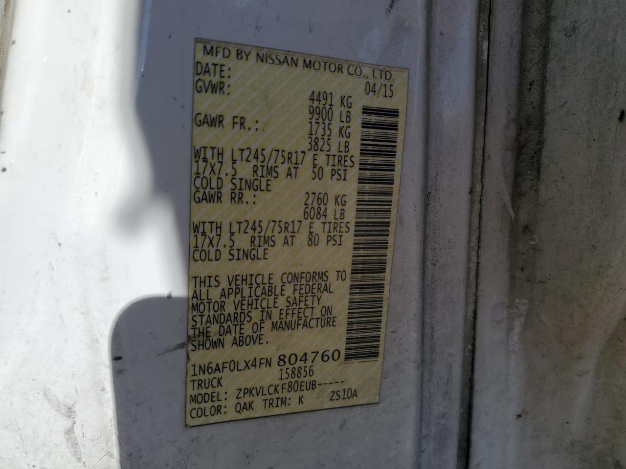 2015 Nissan Nv 2500 VIN: 1N6AF0LX4FN804760 Lot: 85288605