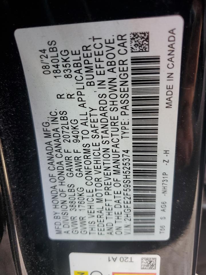 2025 Honda Civic Sport VIN: 2HGFE2F59SH525374 Lot: 85131245