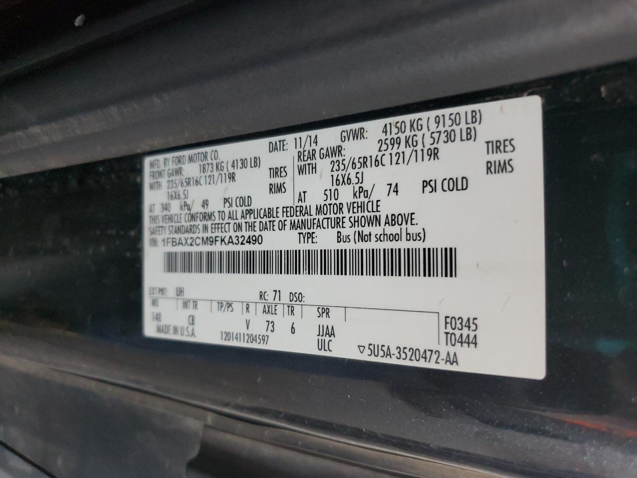 2015 Ford Transit T-350 VIN: 1FBAX2CM9FKA32490 Lot: 82692245