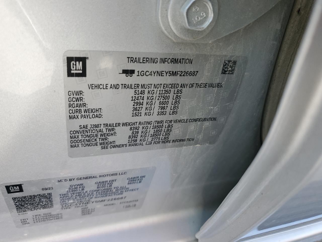 2021 Chevrolet Silverado K2500 Heavy Duty Lt VIN: 1GC4YNEY5MF226687 Lot: 84950925