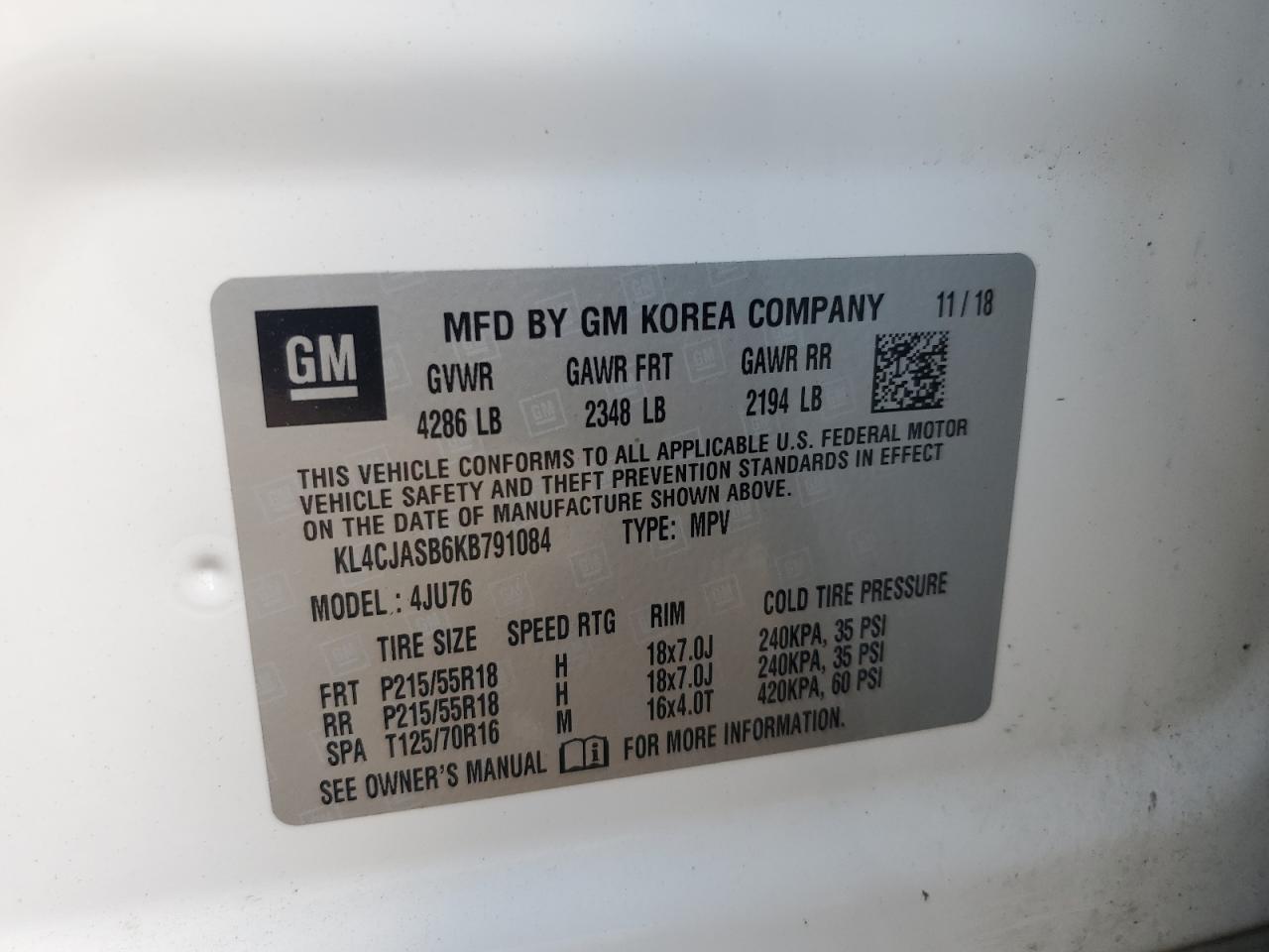 2019 Buick Encore Preferred VIN: KL4CJASB6KB791084 Lot: 82248895