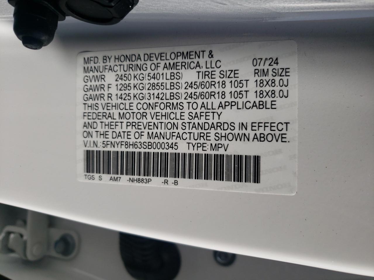2025 Honda Passport Trail Sport VIN: 5FNYF8H63SB000345 Lot: 82005565