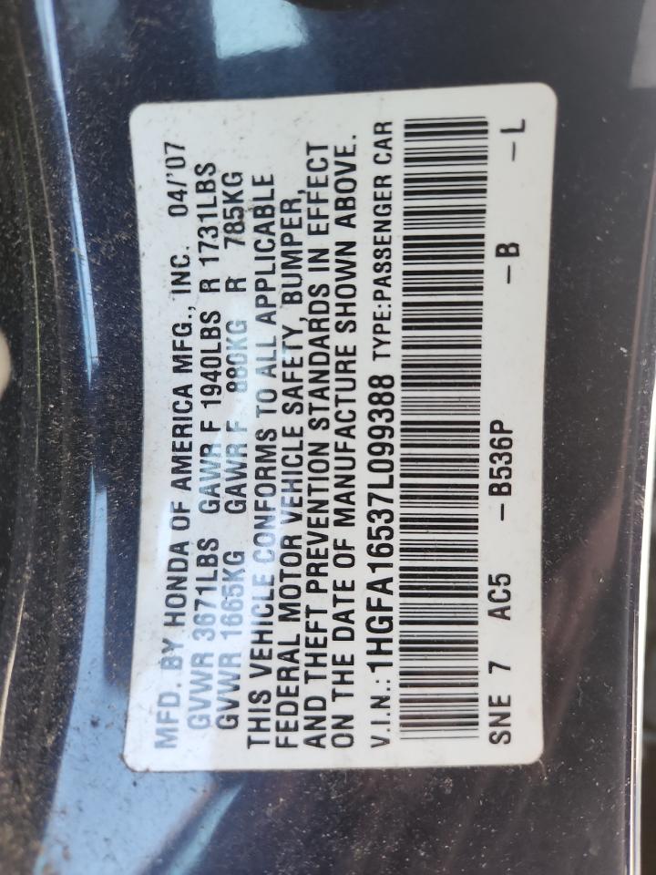 2007 Honda Civic Lx VIN: 1HGFA16537L099388 Lot: 86312795