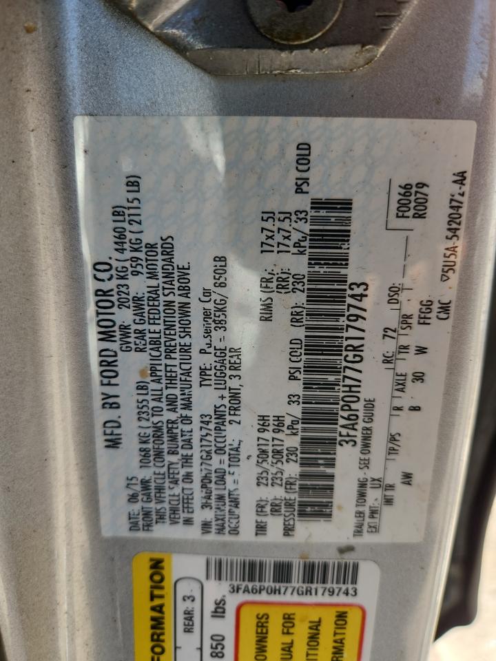 2016 Ford Fusion Se VIN: 3FA6P0H77GR179743 Lot: 89463425