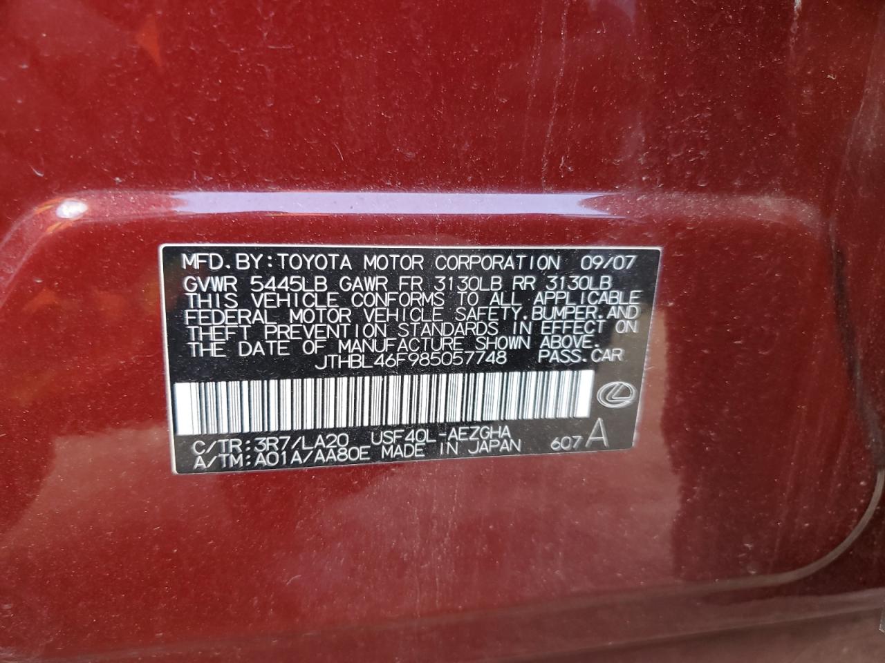 2008 Lexus Ls 460 VIN: JTHBL46F985057748 Lot: 85766165