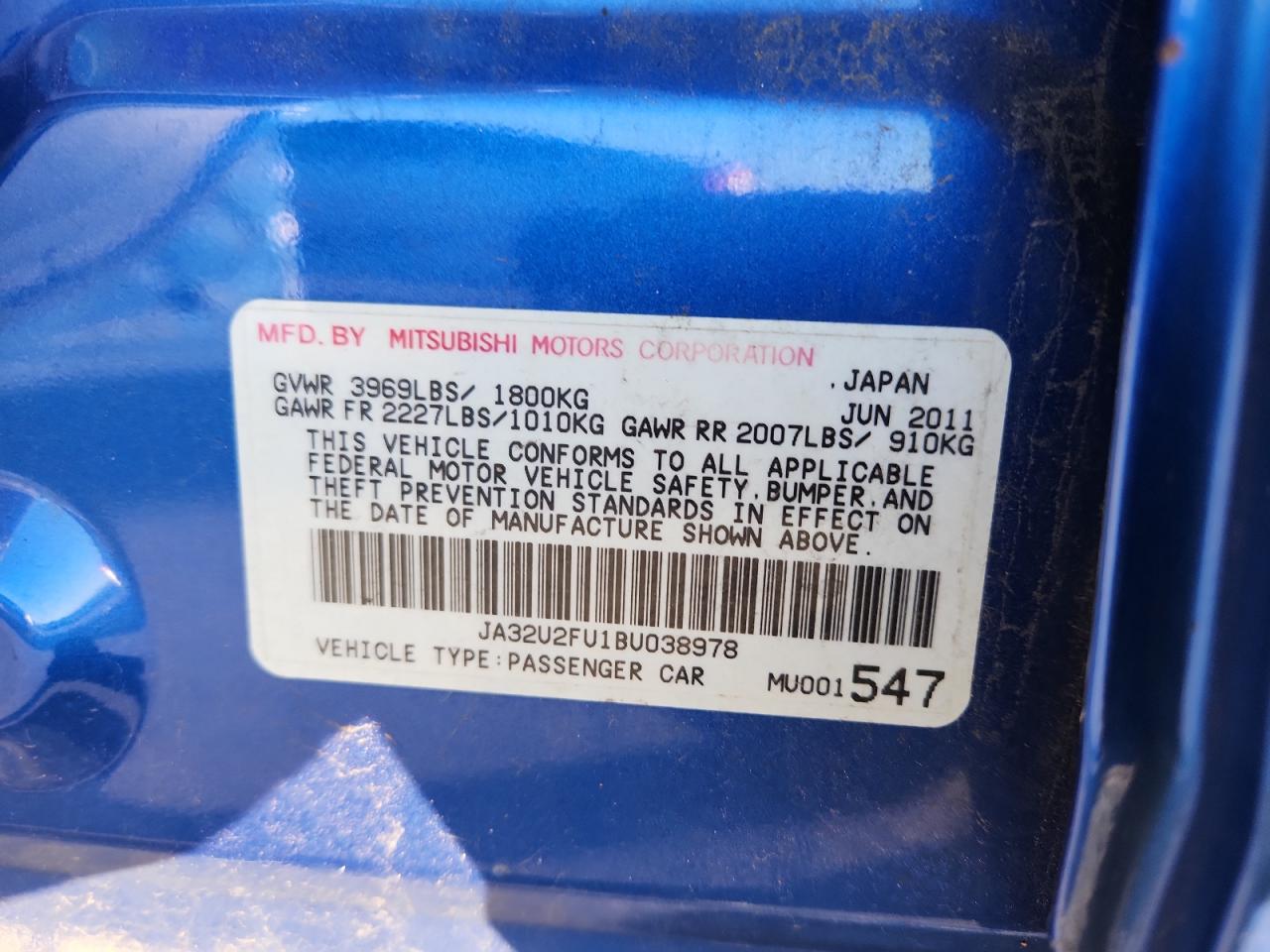 2011 Mitsubishi Lancer Es/Es Sport VIN: JA32U2FU1BU038978 Lot: 91018945