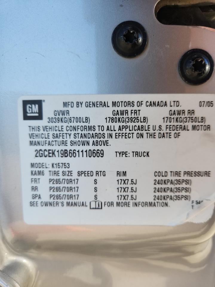 2006 Chevrolet Silverado K1500 VIN: 2GCEK19B661110669 Lot: 82264465