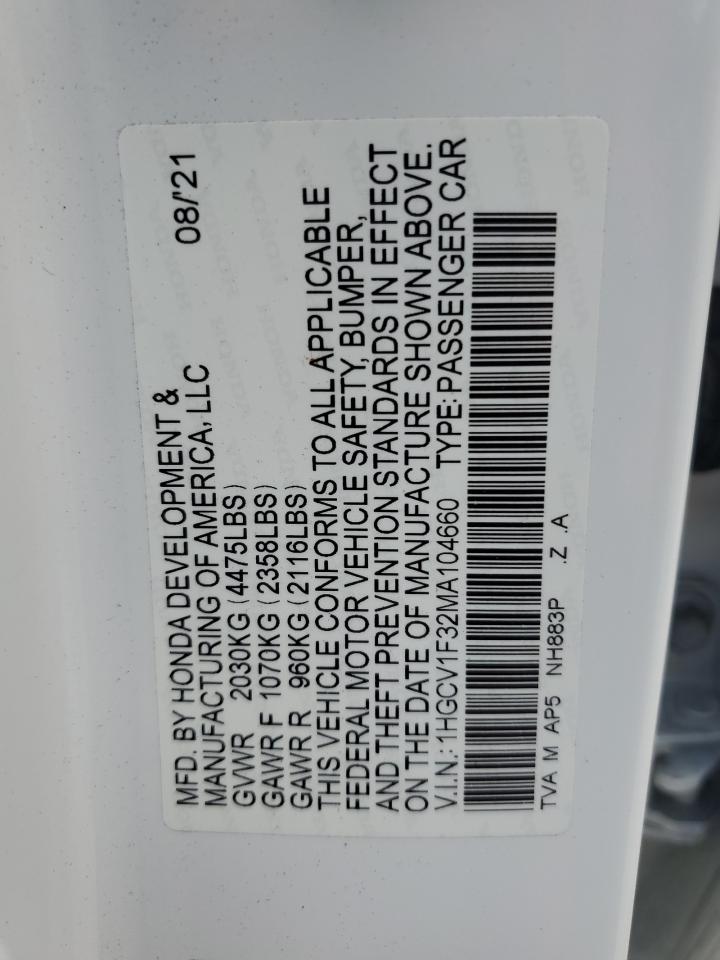 2021 Honda Accord Sport VIN: 1HGCV1F32MA104660 Lot: 85908835