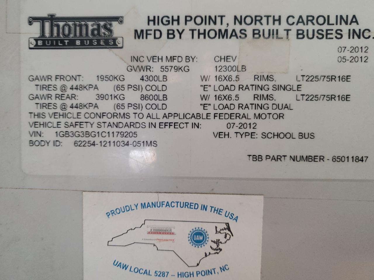 2012 Thomas Minotour G3500 - School Bus VIN: 1GB3G3BG1C1179205 Lot: 84648195