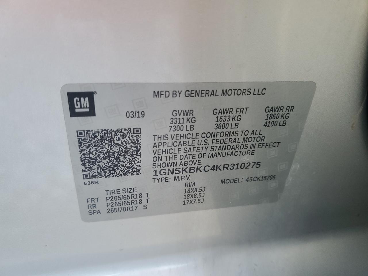 2019 Chevrolet Tahoe K1500 Lt VIN: 1GNSKBKC4KR310275 Lot: 82249705