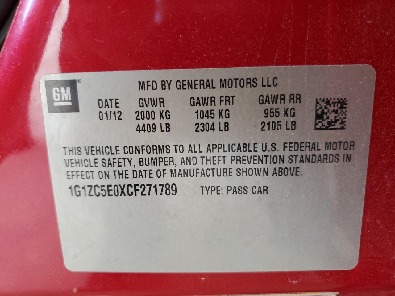 2012 Chevrolet Malibu 1Lt VIN: 1G1ZC5E0XCF271789 Lot: 85504285