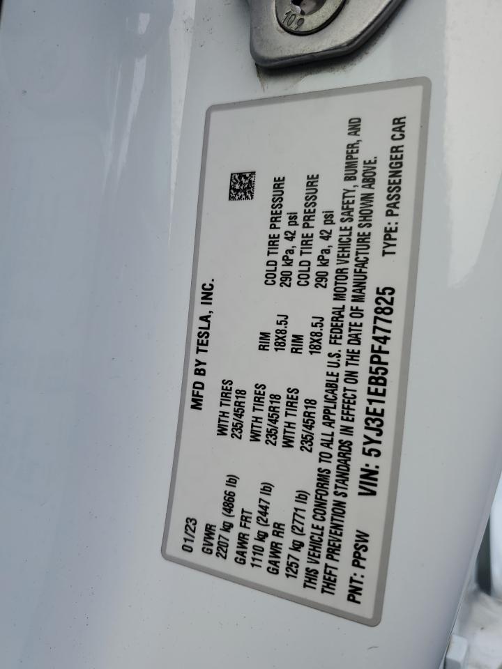 2023 Tesla Model 3 VIN: 5YJ3E1EB5PF477825 Lot: 86324685