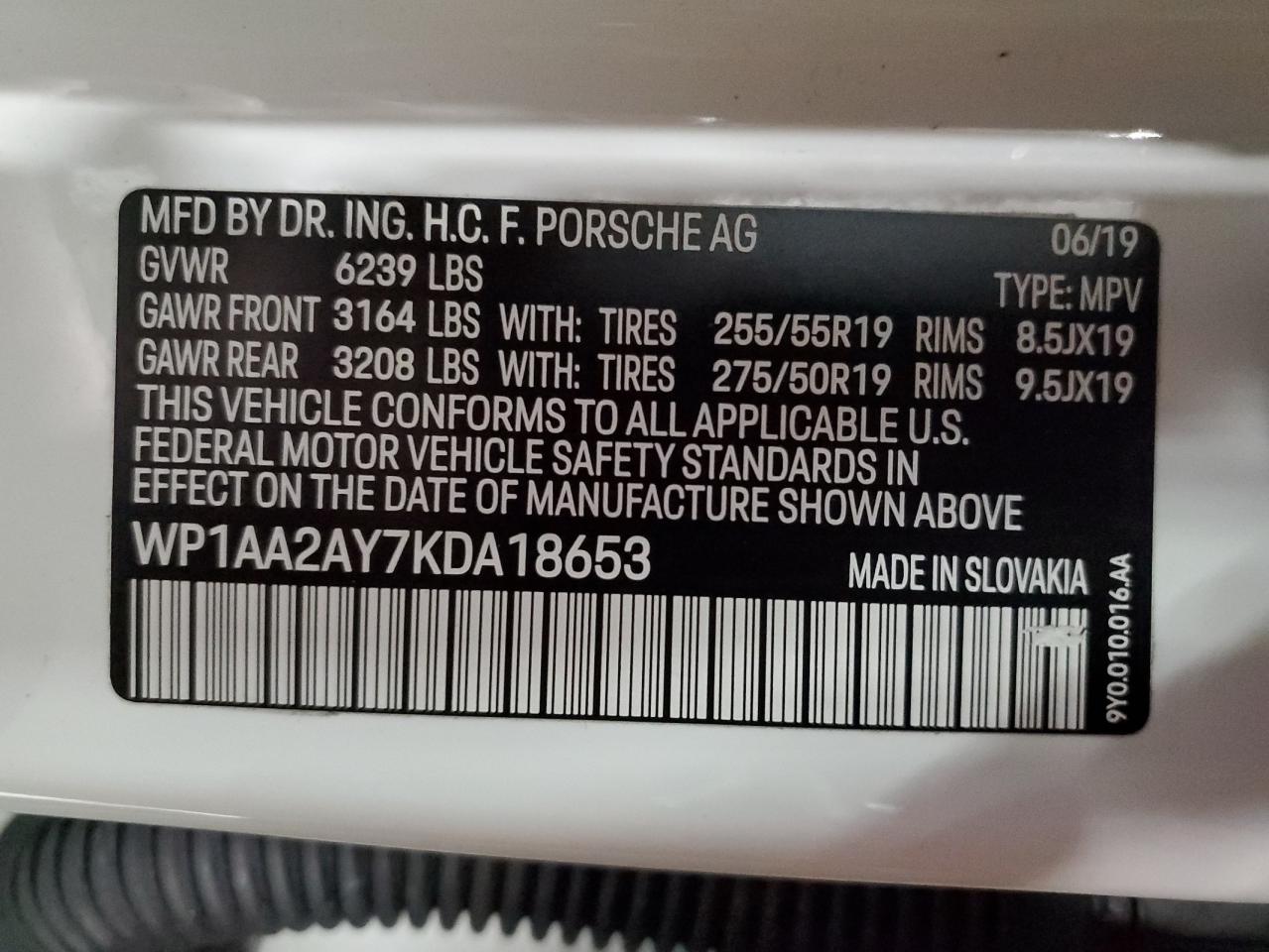 2019 Porsche Cayenne VIN: WP1AA2AY7KDA18653 Lot: 90619855