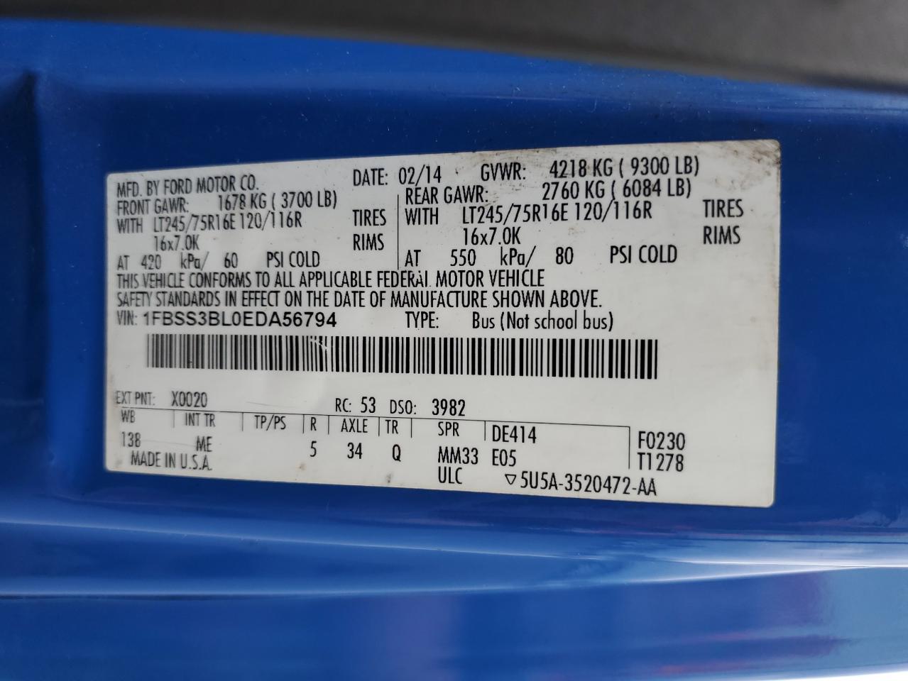 2014 Ford E-350 Delivery Van VIN: 1FBSS3BL0EDA56794 Lot: 89476665