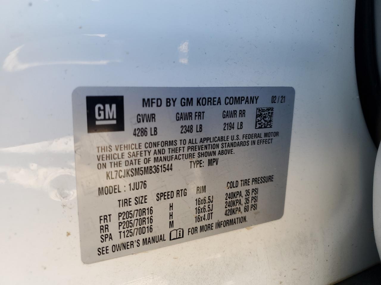 2021 Chevrolet Trax Ls VIN: KL7CJKSM5MB361544 Lot: 84441205