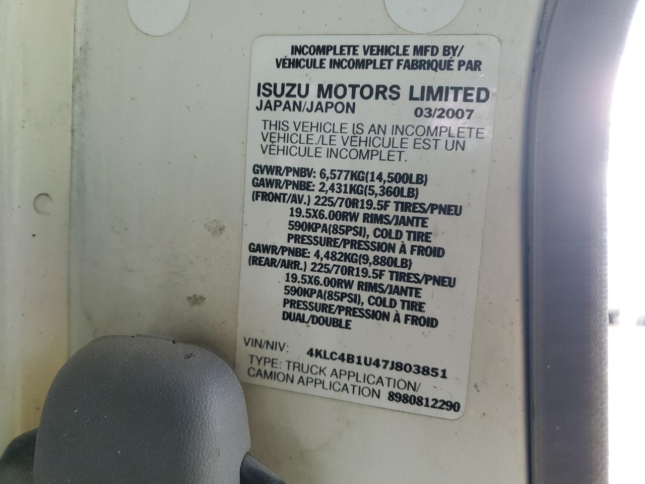 2007 Isuzu Npr VIN: 4KLC4B1U47J803851 Lot: 90511165