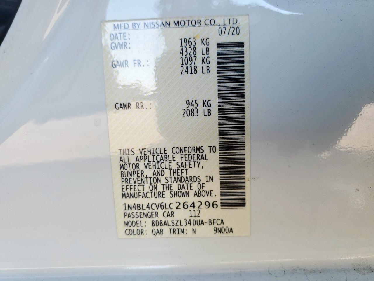 2020 Nissan Altima Sr VIN: 1N4BL4CV6LC264296 Lot: 84952925