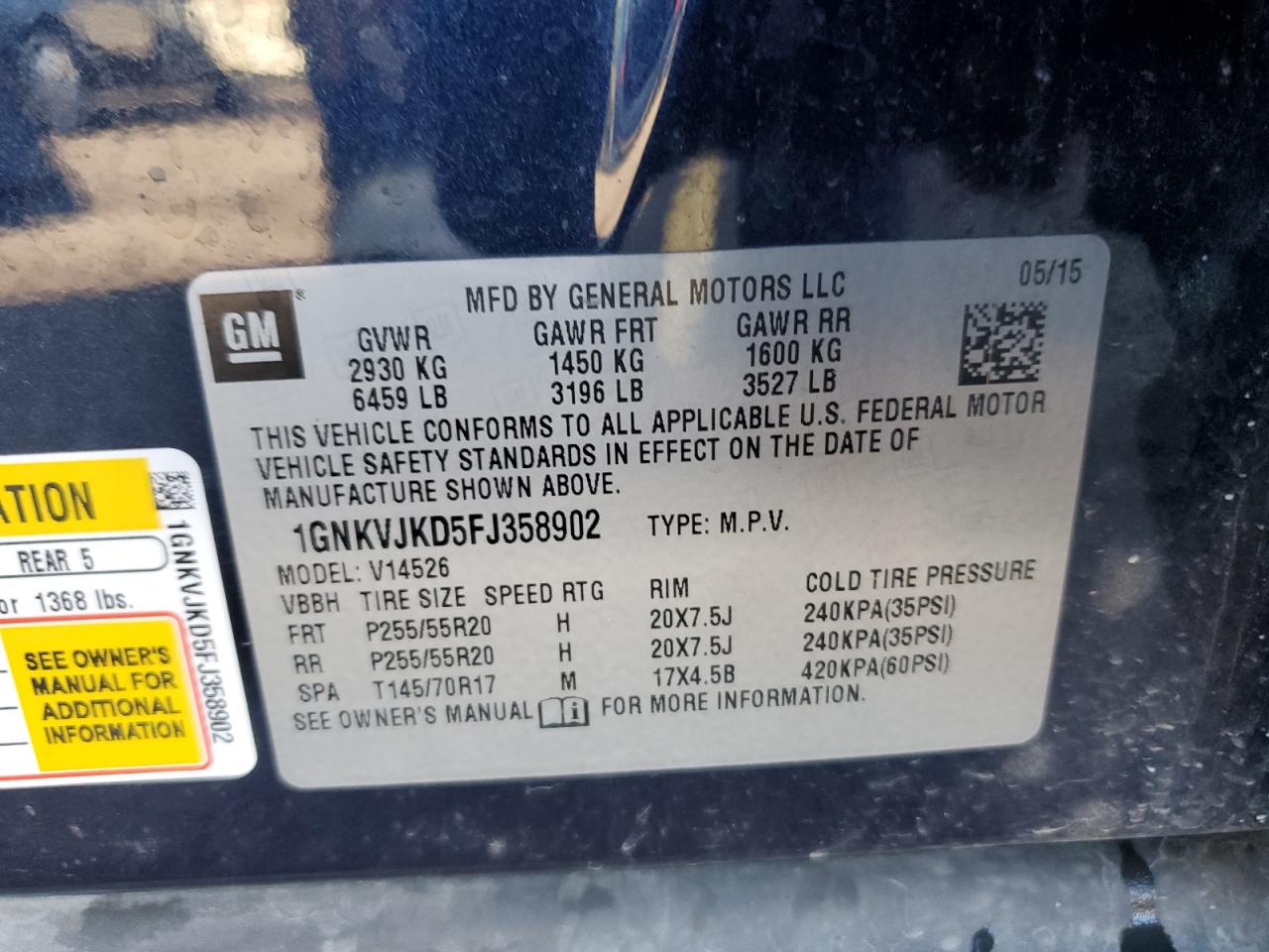 2015 Chevrolet Traverse Ltz VIN: 1GNKVJKD5FJ358902 Lot: 86126405