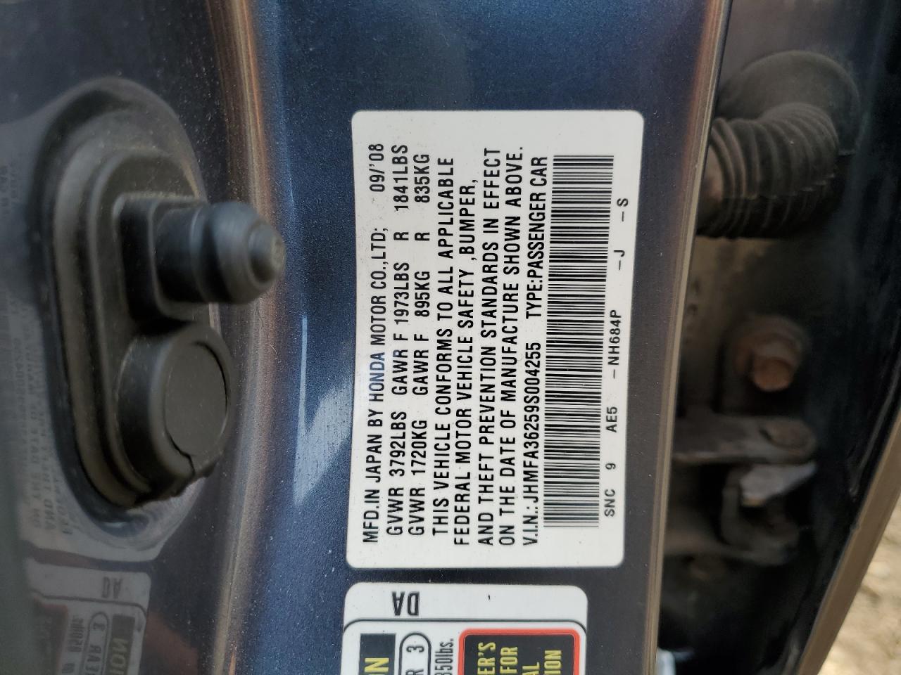 2009 Honda Civic Hybrid VIN: JHMFA36259S004255 Lot: 85536065