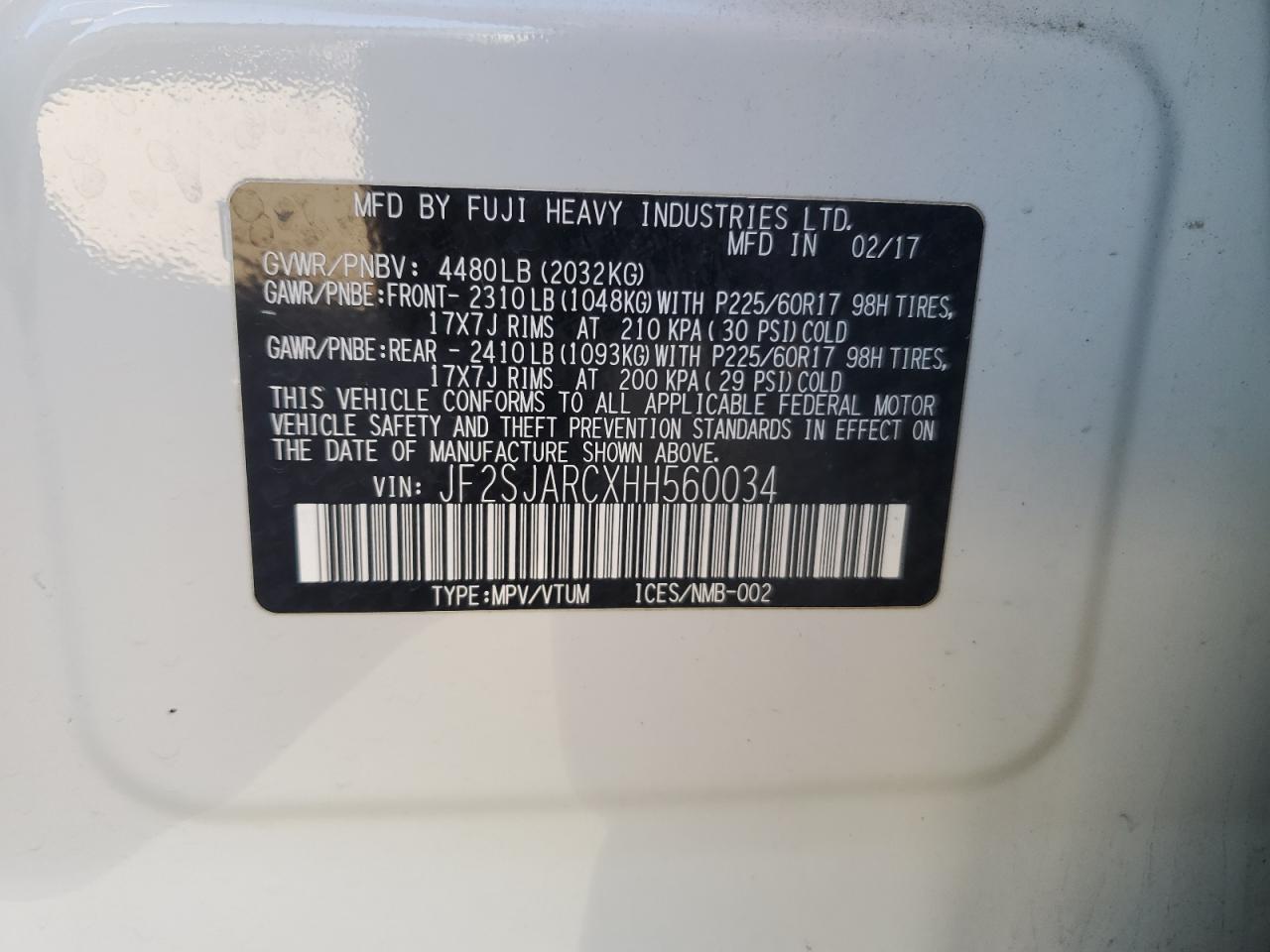 2017 Subaru Forester 2.5I Limited VIN: JF2SJARCXHH560034 Lot: 87074425