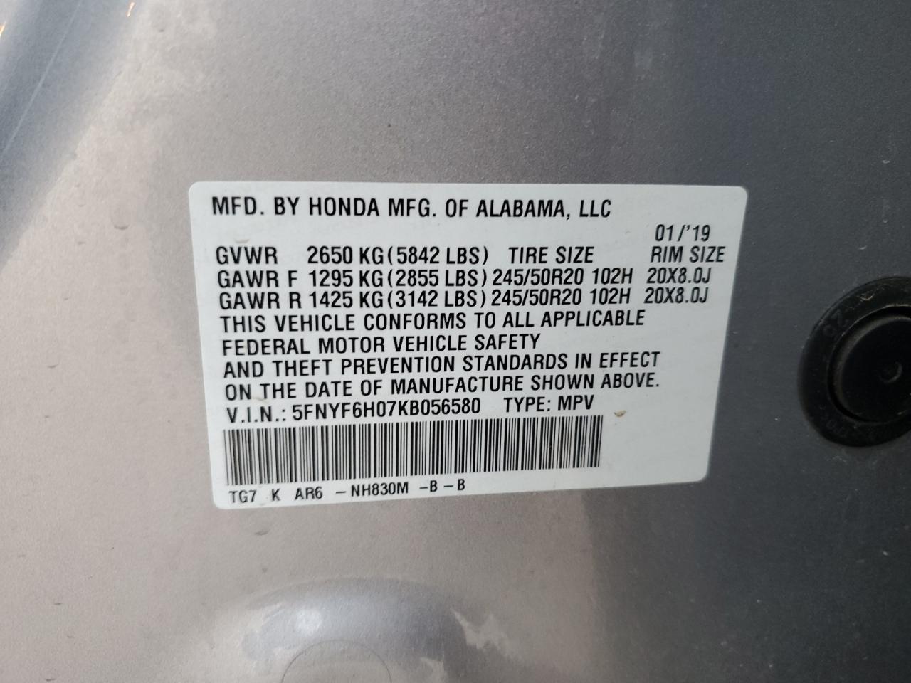2019 Honda Pilot Elite VIN: 5FNYF6H07KB056580 Lot: 82556665