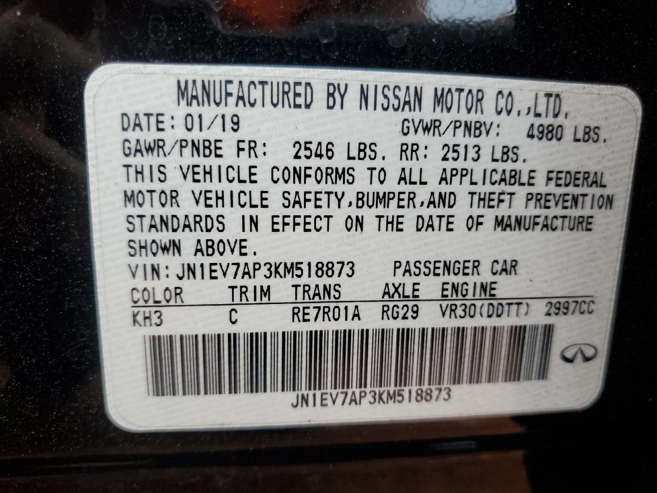 2019 Infiniti Q50 Luxe VIN: JN1EV7AP3KM518873 Lot: 85764085