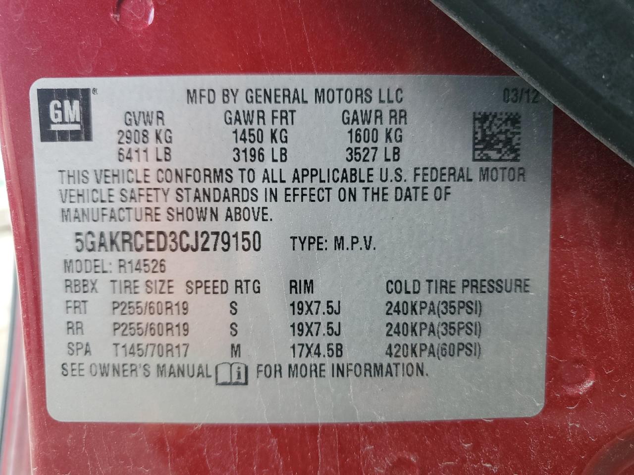 2012 Buick Enclave VIN: 5GAKRCED3CJ279150 Lot: 82721175