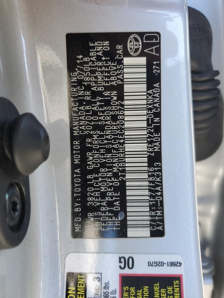 2014 Toyota Corolla L VIN: 2T1BURHE4EC208672 Lot: 82294485