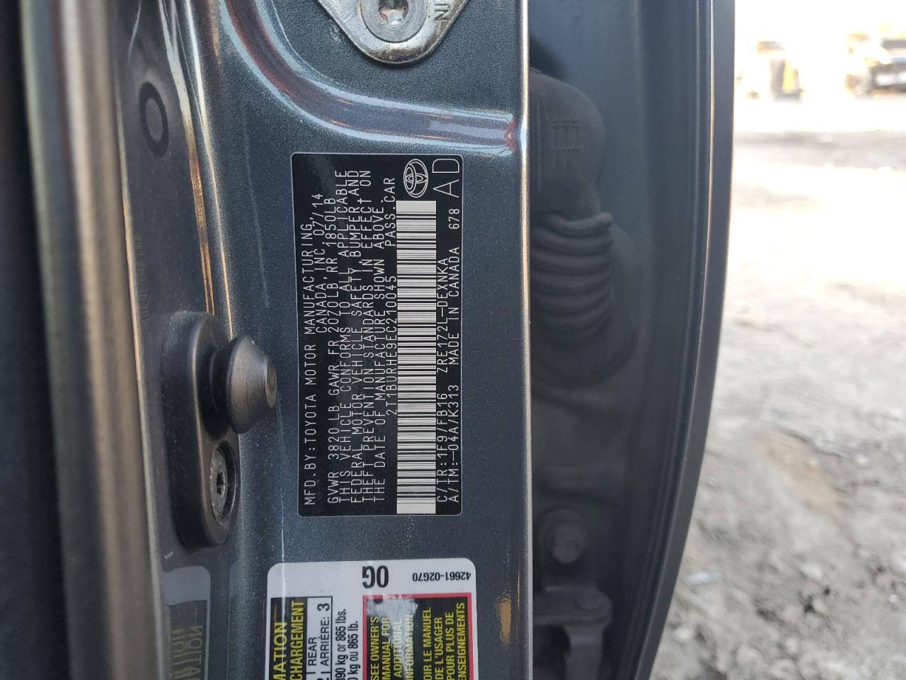 2014 Toyota Corolla L VIN: 2T1BURHE9EC210045 Lot: 82307045