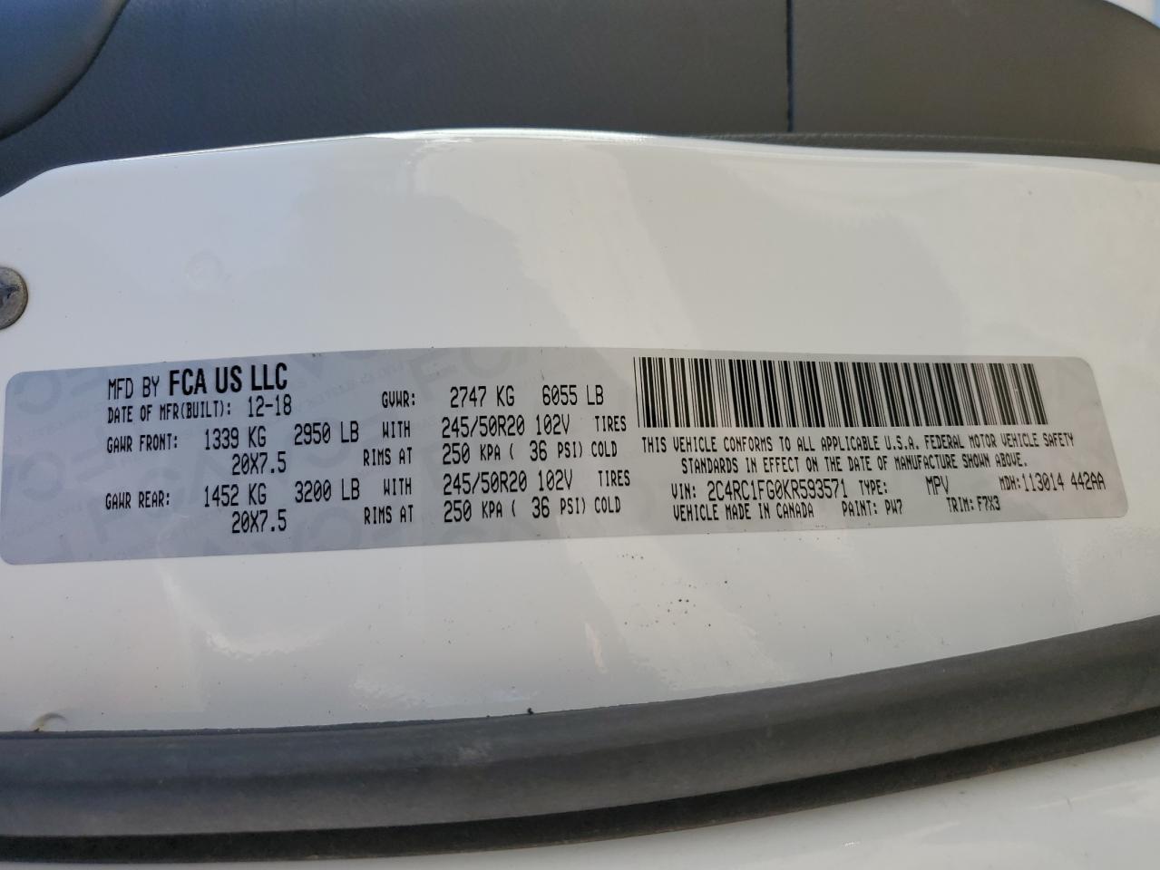 2019 Chrysler Pacifica Touring Plus VIN: 2C4RC1FG0KR593571 Lot: 87088225