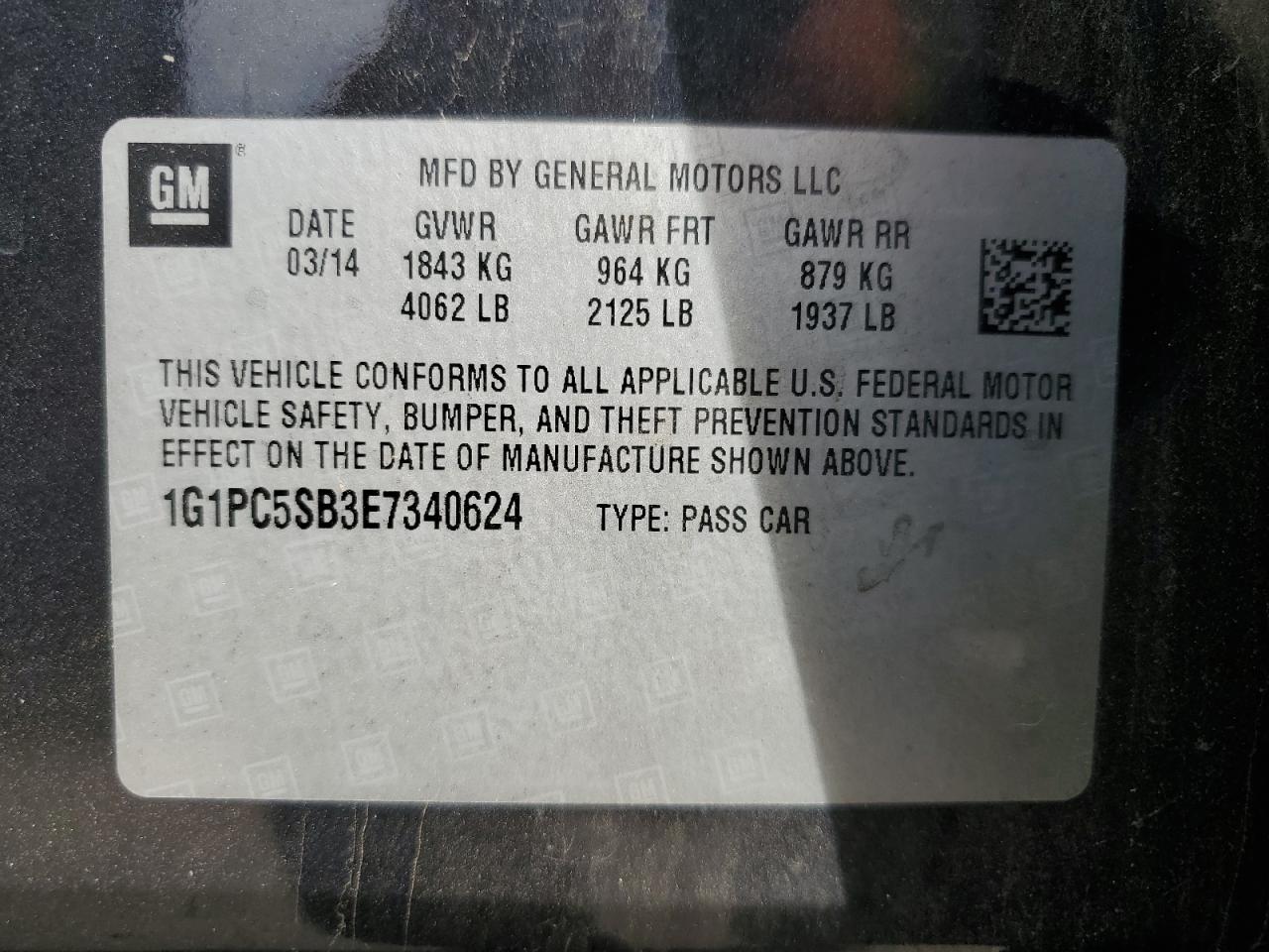 2014 Chevrolet Cruze Lt VIN: 1G1PC5SB3E7340624 Lot: 84592295