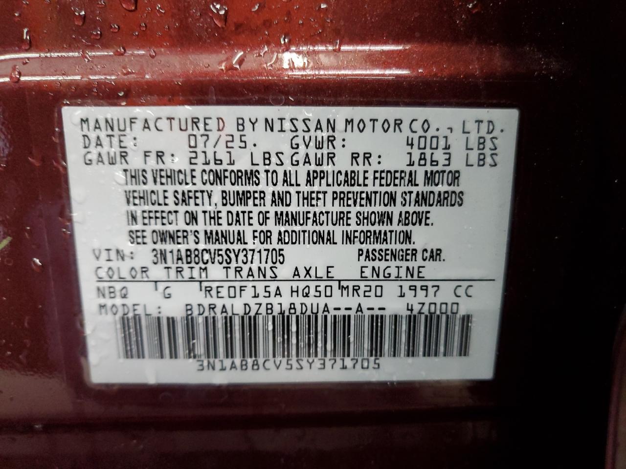 2025 Nissan Sentra Sv VIN: 3N1AB8CV5SY371705 Lot: 85272485