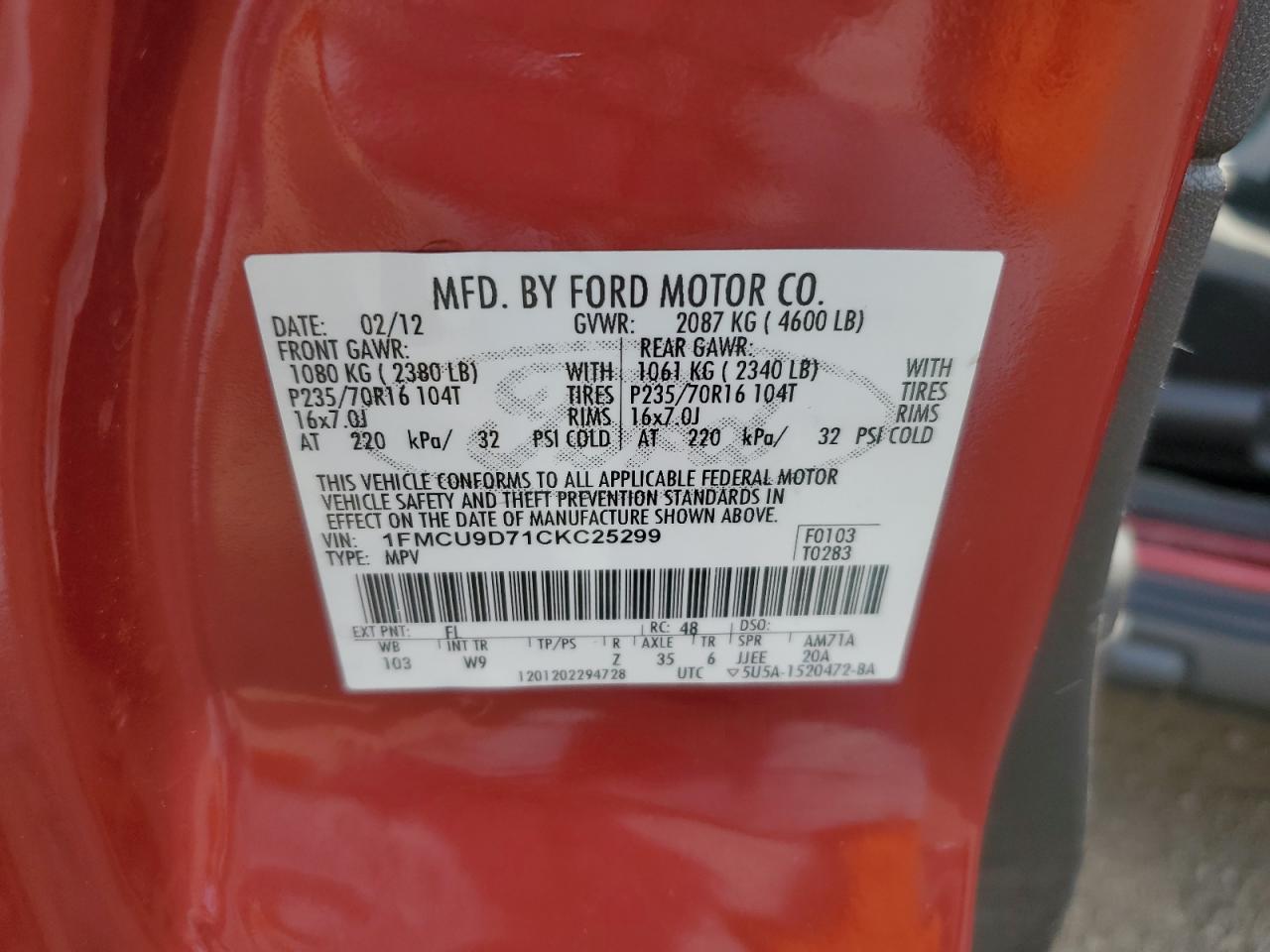 2012 Ford Escape Xlt VIN: 1FMCU9D71CKC25299 Lot: 82228195