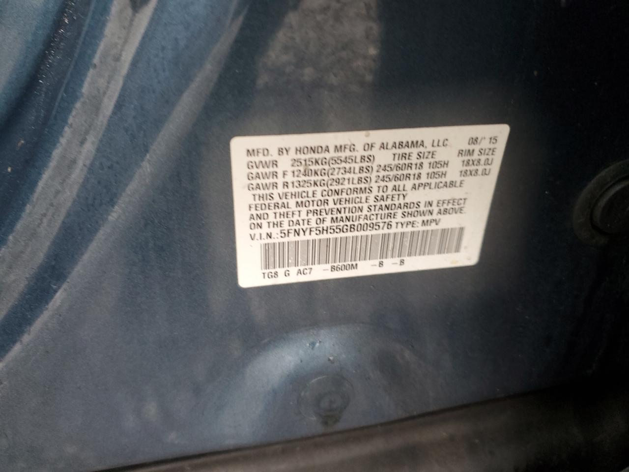 2016 Honda Pilot Exl VIN: 5FNYF5H55GB009576 Lot: 82192675