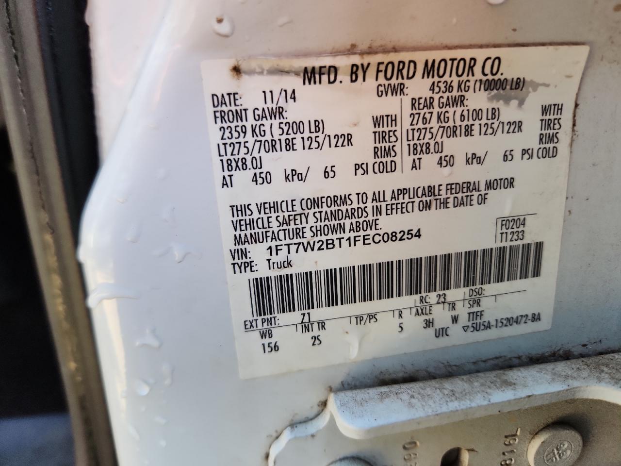 2015 Ford F250 Super Duty VIN: 1FT7W2BT1FEC08254 Lot: 87237605