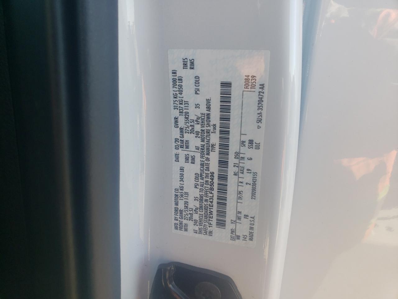 2020 Ford F150 Supercrew VIN: 1FTEW1E43LFB50496 Lot: 89616145