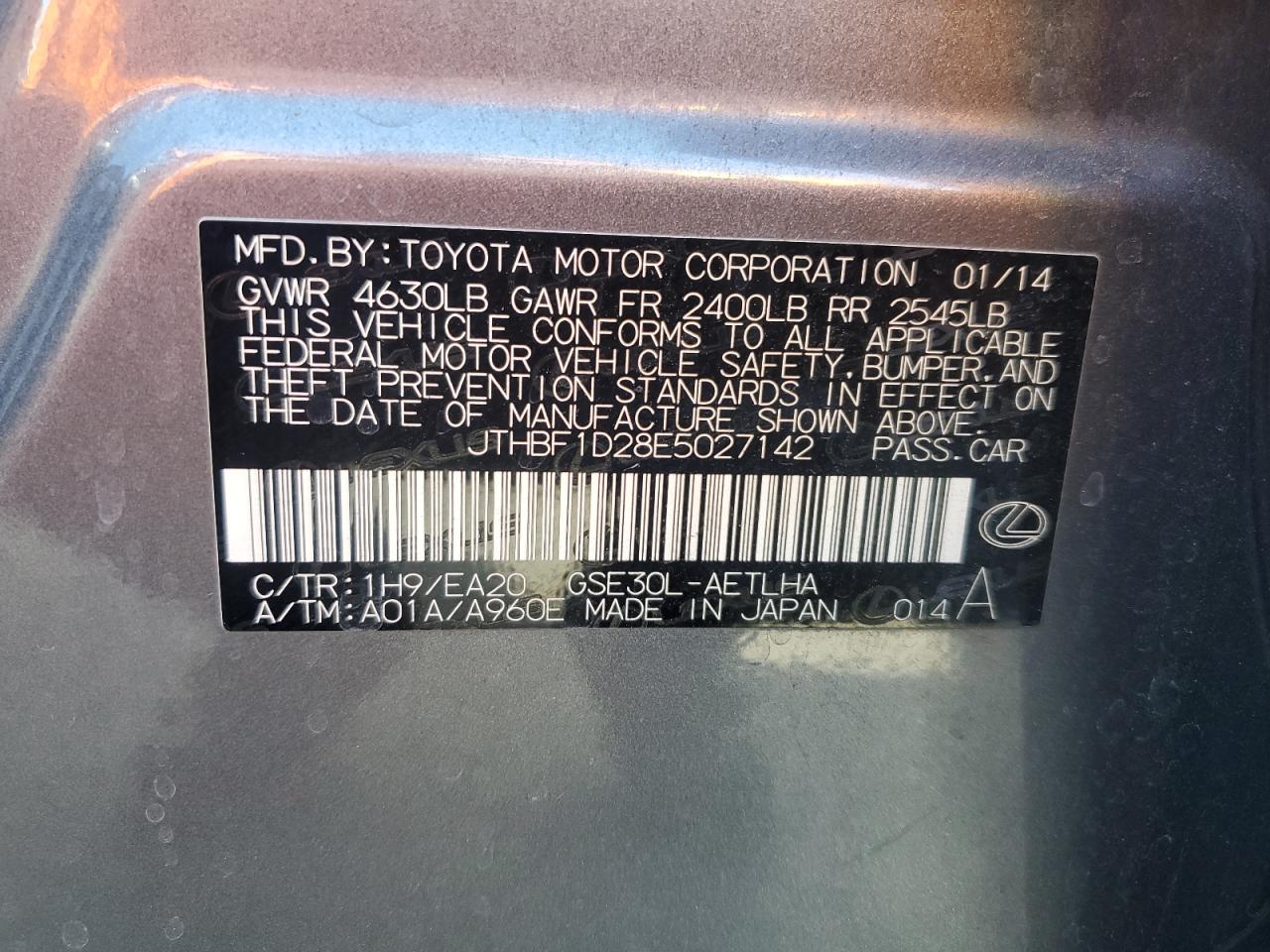 2014 Lexus Is 250 VIN: JTHBF1D28E5027142 Lot: 86270335